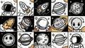 A set of cartoon drawings depicting various space objects, AI Royalty Free Stock Photo