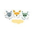 Set of cartoon drawn bright animals, fox, cat and raccoon on a white background with flowers for print, vector illustration Royalty Free Stock Photo