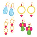 Set of cartoon earrings accessories for children and kids, Princess beautiful jewelry vector clip art