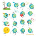 Set of cartoon earth planet characters with different emotions and actions. Save planet and ecology