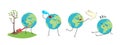 Set of cartoon earth planet characters with emotions and actions. Save planet and ecology concept Royalty Free Stock Photo