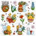 Set of cartoon Easter characters and objects. Cute rabbits and chicks isolated on white background