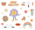 Set of cartoon elements in y2k groovy style. Flowers, roller skate, lips, rainbow. Sticker pack in trendy retro style.