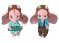 Set of cartoon elephants. Collection of cute elephants in clothes. Plush toys for kids. Colorful vector illustration for