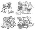 Set of cartoon explorer chast and bags illustrationx for coloring. Fantasy coloring pages chest with adventure items. Treasure