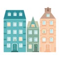 A set of 3 cartoon facades of houses. Colorful flat isolated illustrations. A row of colored houses, vector illustration