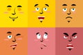 Set of cartoon face with emotions. Red evil character. Yellow kind emotion. Surprised person