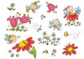 Set of cartoon fairies, insects, flowers and elements, vector graphics