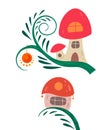 Set of cartoon fairy tale porcini houses on a liana with lanterns for fairies and gnomes on a white background. A fabulous home Royalty Free Stock Photo