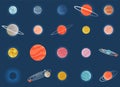 Set of cartoon fantastic planet on dark blue space background. Collection of cosmic objects Royalty Free Stock Photo