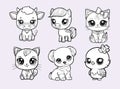 Set of cartoon farm animals - cat, dog, horse, cow, chick. Cute pets in line drawing. Vector illustration on isolated background. Royalty Free Stock Photo