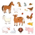 Set of cartoon farm animals and poultry on white Royalty Free Stock Photo