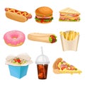 Flat vector set of fast-food icons. Delicious snack for lunch. Unhealthy nutrition