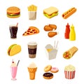 Set of cartoon fast food. Vector illustration, eps10, isolated on white. Royalty Free Stock Photo