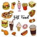 Set of cartoon fast food. Vector illustration, isolated on white.