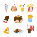 Set of cartoon fastfood and sweets food icons isolated on white background