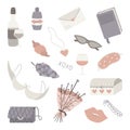 Set of isolated feminine doodle elements for valentines day. Design elements, personal girlish accessories, wine and croissant Royalty Free Stock Photo