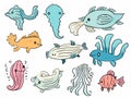A Set Of Cartoon Fish - Funny cut baby sea creatures in pastel color Royalty Free Stock Photo