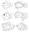 A children coloring book,page for relaxing,a set of cartoon fishes image.Line art style illustration Royalty Free Stock Photo