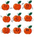 Set of 9 cartoon flat emoticons: cartoon red apple with various emotions