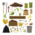 Set of cartoon flat icons. Organic compost theme. Garden tools, wooden box, ground, food garbage. Illustration of bio, organic