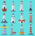 Set of cartoon flat lighthouses. Searchlight towers for maritime navigation guidance ocean and sea beacon light tower