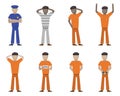 set of cartoon flat male characters prisoners, prison, bandits, jailers, policemen.African Americans and Europeans.flat cartoon