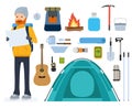 Set of cartoon flat vector icons. Tourism, tent, climbing, mountaineering, overnight, adventure. Royalty Free Stock Photo