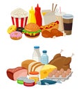 Set of cartoon food and drinks for restaurant or commercial. Royalty Free Stock Photo