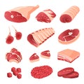 Set of cartoon food: meat cuts assortment.