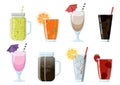 Set of cartoon food non-alcoholic beverages - tea, herbal tea, hot chocolate, latte, mate, coffee, root beer, smoothie Royalty Free Stock Photo