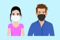 Set of cartoon front view vector of a man and a woman wearing protective face mask - covid-19 safety measures, restriction