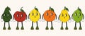 Set of cartoon fruits in trendy 60s, 70s style. Groovy hippie icons avocado, cherry, lemon, orange, lime, pear.Vector illustration