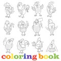 Set of cartoon funny cocks, coloring book