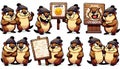 Set cartoon groundhogs in various poses,some holding wooden signs with greetings Happy Groundhog Day Royalty Free Stock Photo