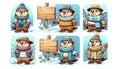 Set of cartoon funny groundhogs some holding wooden signs,mockup for greetings Happy Groundhog Day. Royalty Free Stock Photo