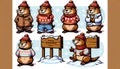 Set cartoon groundhogs in various poses,some holding wooden signs with greetings Happy Groundhog Day Royalty Free Stock Photo