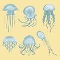 Set of cartoon funny jellyfishes. Royalty Free Stock Photo