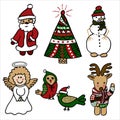 Set of cartoon funny new year and christmas characters isolated on white background. Green-brown-red clipart images of Santa Claus