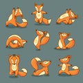 Set of cartoon funny red foxes doing yoga position