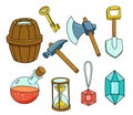 Set of Cartoon game elements on white. Vector barrel, golden key, hammer, axe, shovel, magic elixir in a round glass