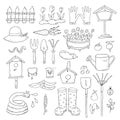 Set of cartoon gardening items a white background