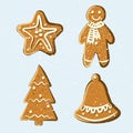 Set of cartoon ginger breads. Gingerbread man, star,bell and christmas tree. Flat vector illustration