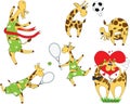 Set of cartoon giraffes playing football and tennis. Lovestory a