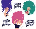 The set of cartoon girls with multicolored hairstyle. The collection women
