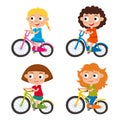 Set of cartoon girls riding a bike having fun riding bicycles is Royalty Free Stock Photo