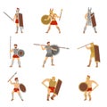 Set of roman warriors fighting with different weapons isolated on white background.