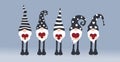 Set of cartoon gnomes. Collection of cute christmas gnomes holding hearts. Funny characters in love for children and