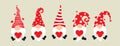 Set of cartoon gnomes. Collection of cute christmas gnomes holding hearts. Funny characters in love for children and