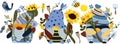 Set of cartoon gnomes holding a sunflower. Wildflowers, bee, butterfly and leaves on white background. Vector Royalty Free Stock Photo